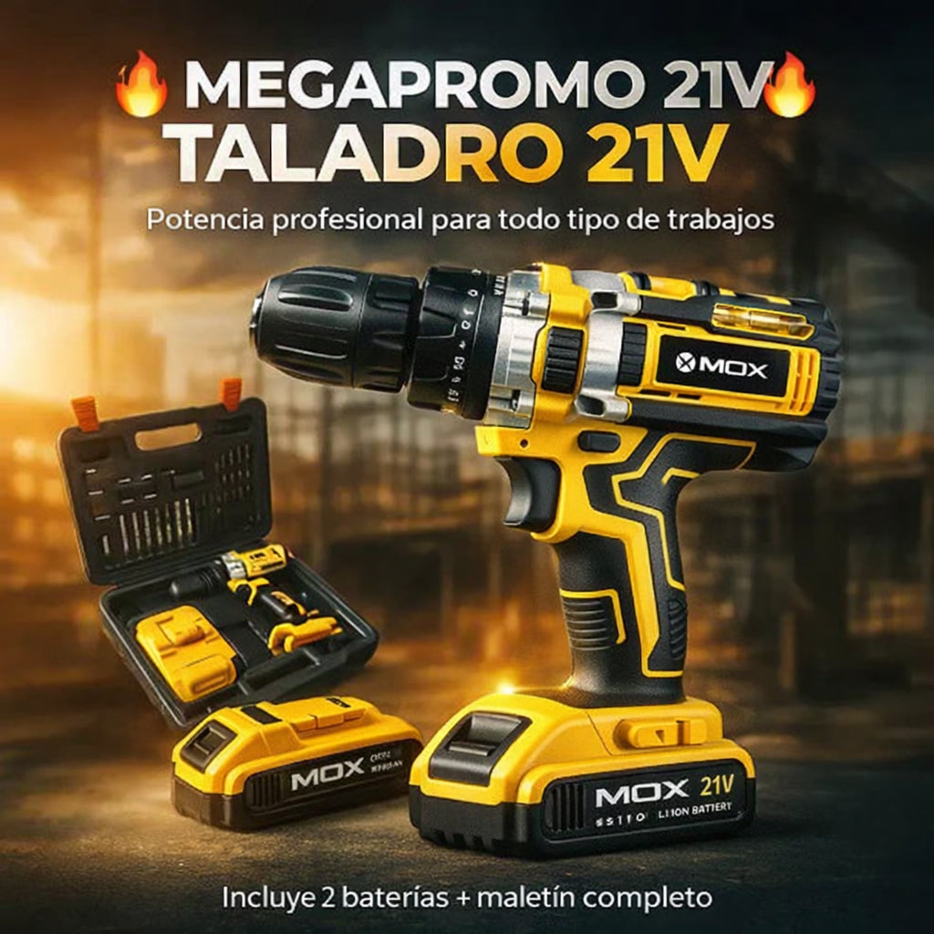TALADRO MOX 21V: Potencia Extrema + Kit Completo y Batería Extra Gratis!
