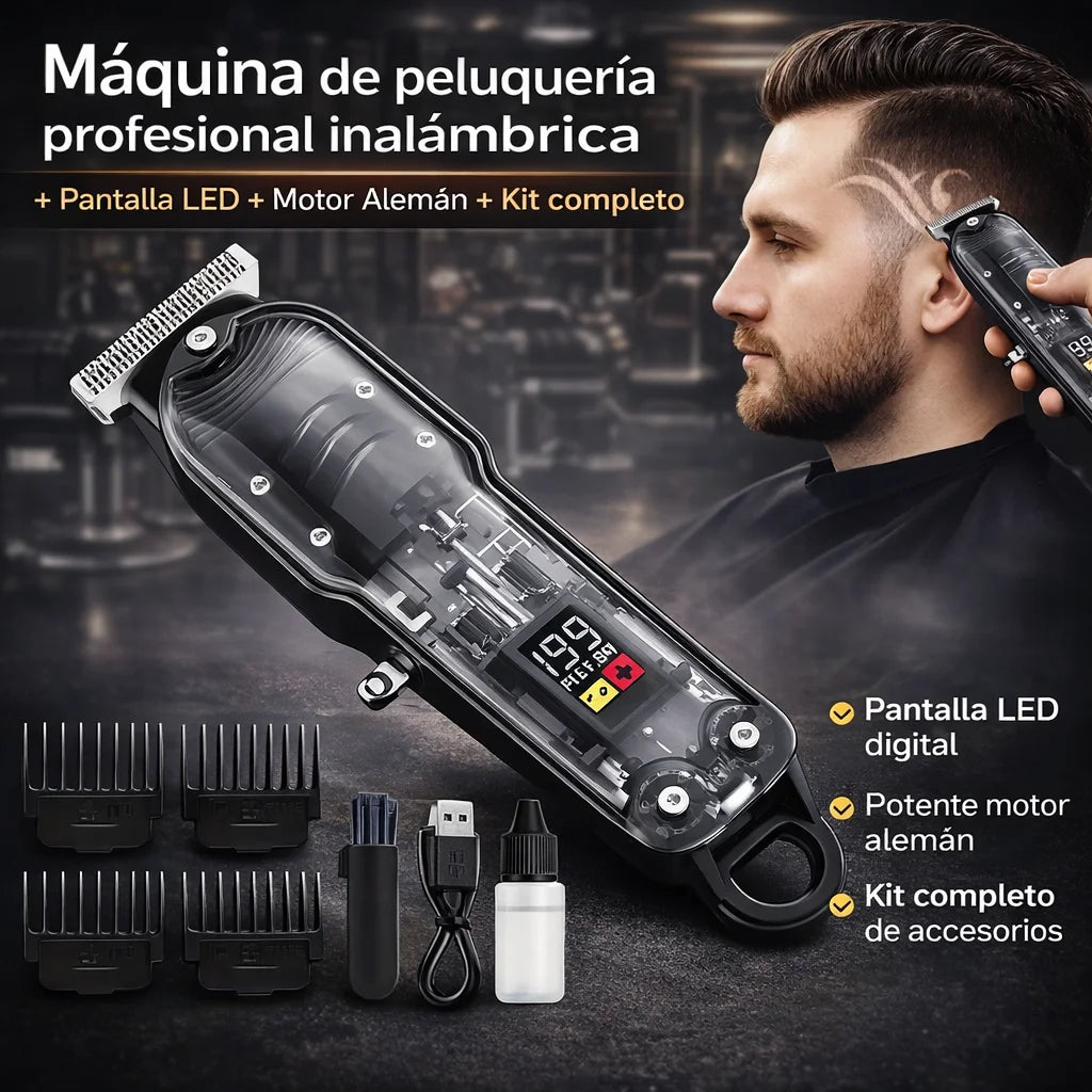 Máquina Profesional Inalámbrica con Pantalla LED + Perfiladora de Barba de Regalo