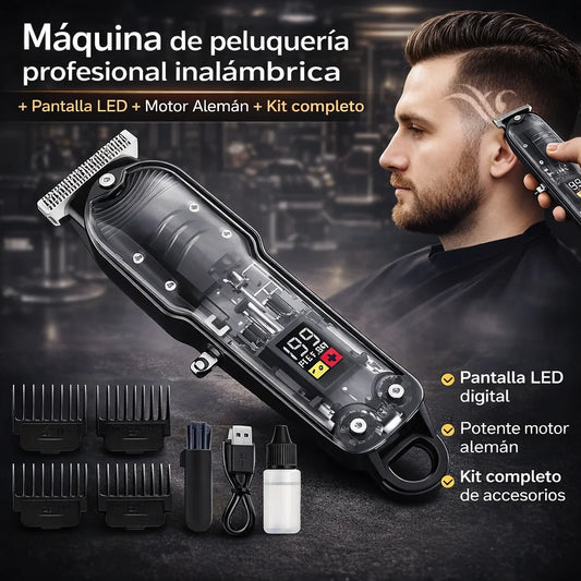 Máquina de peluquería profesional inalámbrica + Pantalla LED + Motor Alemán + Kit completo