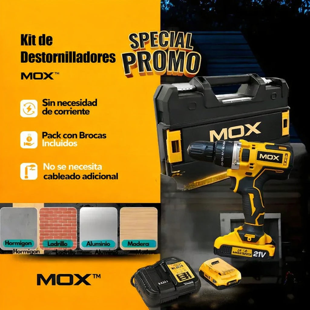 TALADRO MOX 21V: Potencia Extrema + Kit Completo y Batería Extra Gratis!