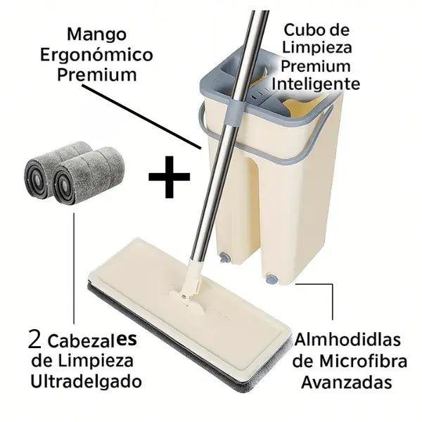 Trapeador Premium con Balde Inteligente + Escurrido Automático + 3 Cabezales de Microfibra