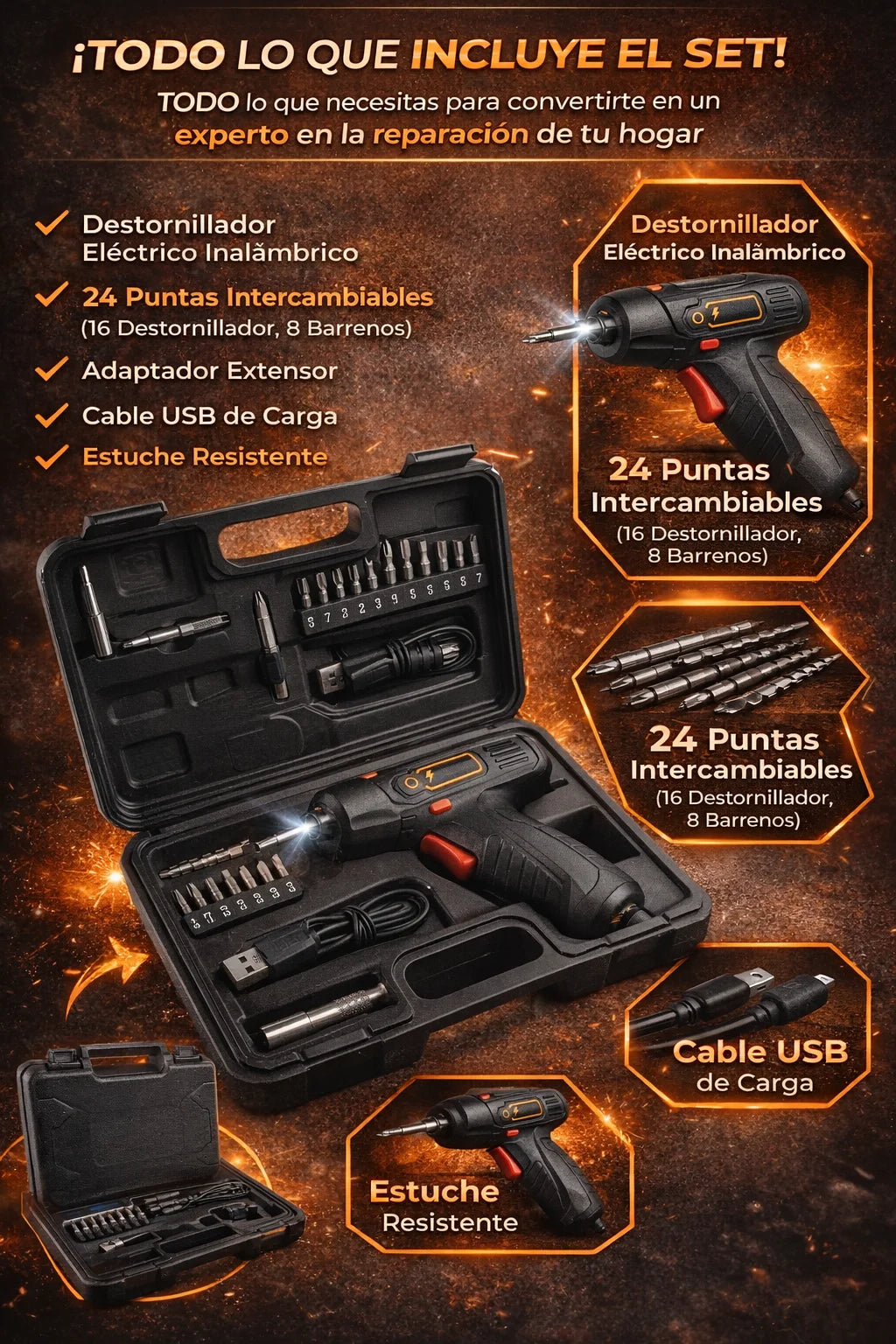 Destornillador Eléctrico Recargable Premium + 47 Accesorios y Estuche de Lujo + Batería de Larga Duración