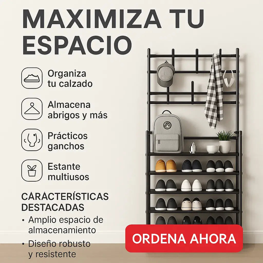 🚨 GRAN OFERTA – ORGANIZADOR MULTIFUNCIONAL: ZAPATERO + PERCHERO + ESTANTE DE 5 NIVELES