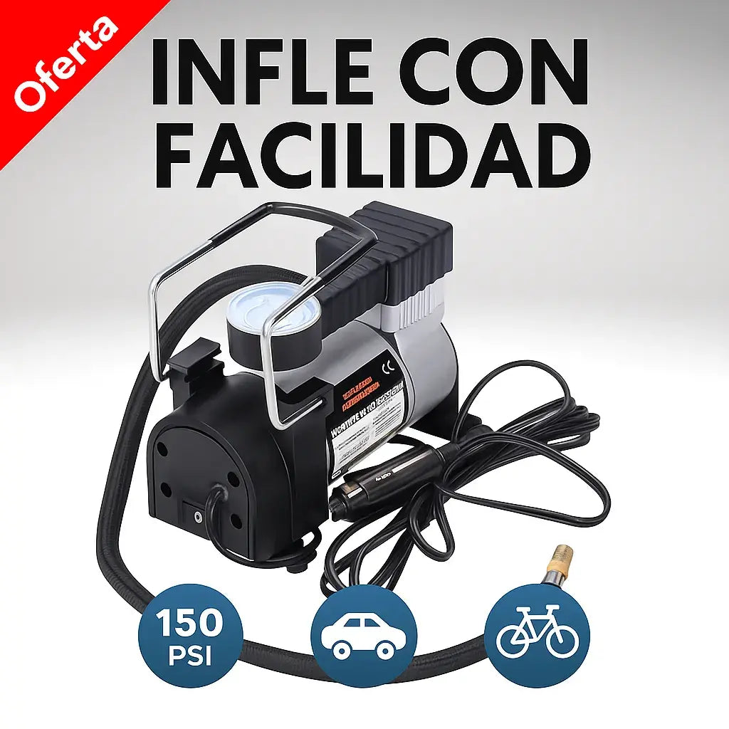 🚨 ¡OFERTA ESPECIAL! MINI COMPRESOR PORTÁTIL 12V – DOBLE CILINDRO, 150 PSI