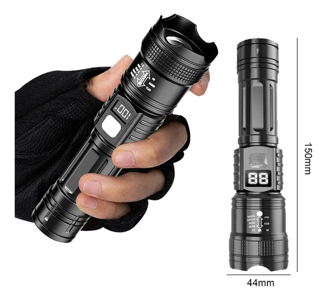 Linterna táctica LED recargable + zoom telescópico + pantalla digital y puerto USB