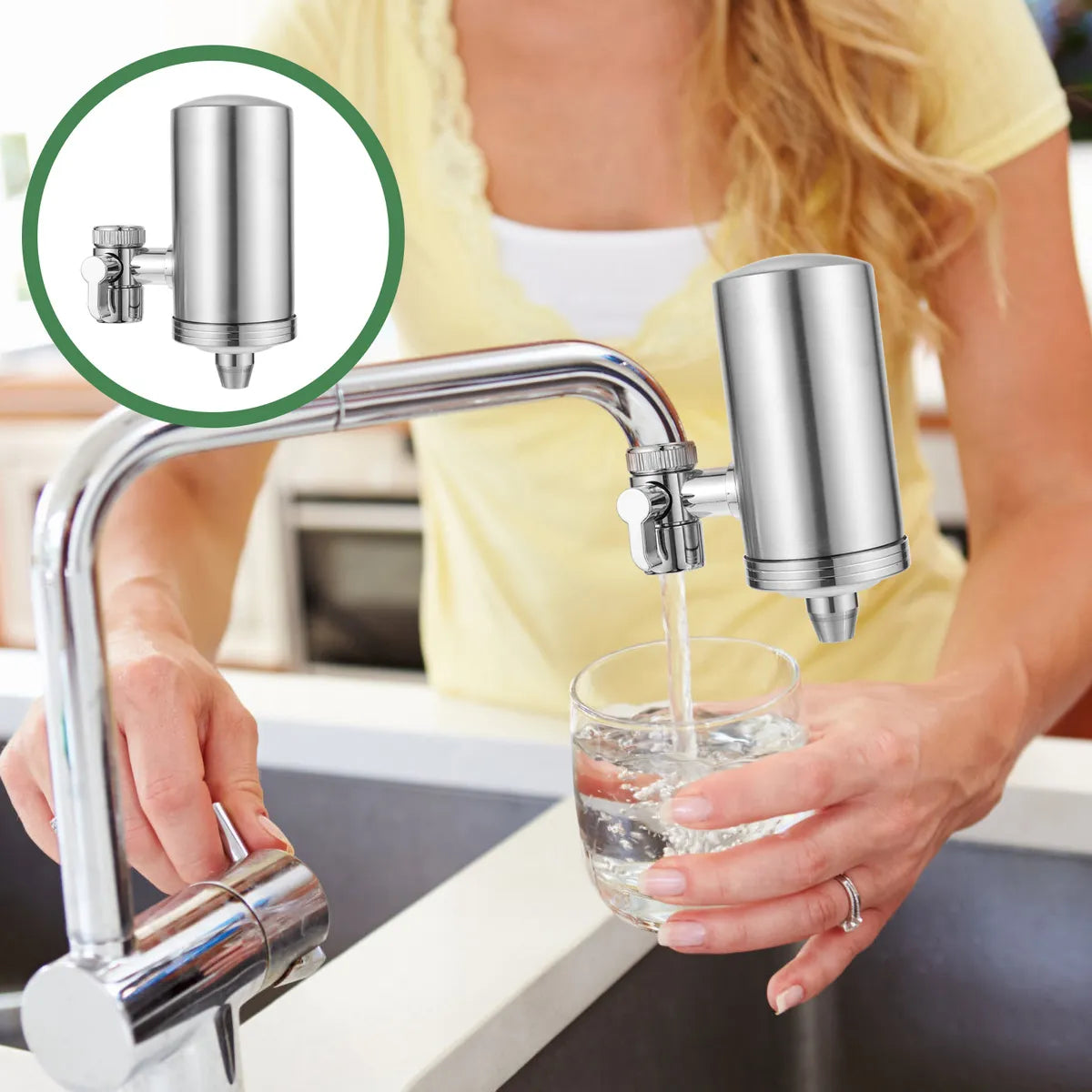 AquaSilver™ Extensión UNIVERSAL purificadora de agua para grifo en acero inoxidable - Agua potable sin hervir y sin botellones