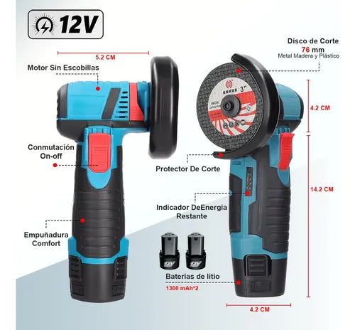 Amoladora Inalámbrica de Alta Potencia de 2 Baterías + discos de corte + Cargador Rápido