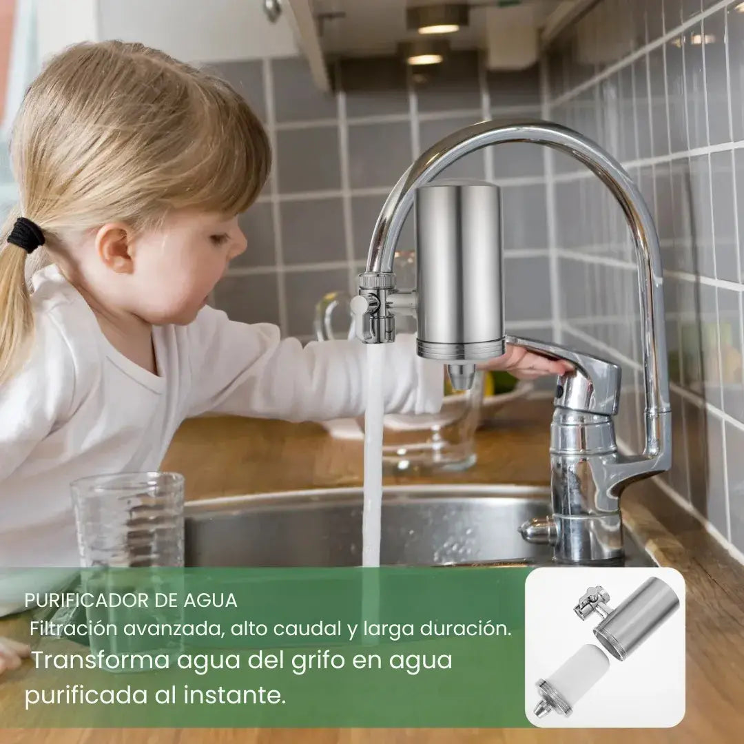 AquaSilver™ Extensión UNIVERSAL purificadora de agua para grifo en acero inoxidable - Agua potable sin hervir y sin botellones