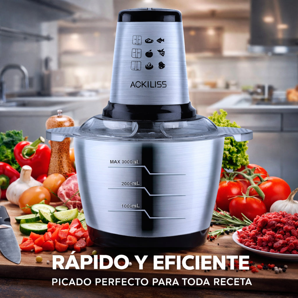 Picadora Eléctrica 3L Profesional con Doble Cuchilla + Recetario Gratis 🎁