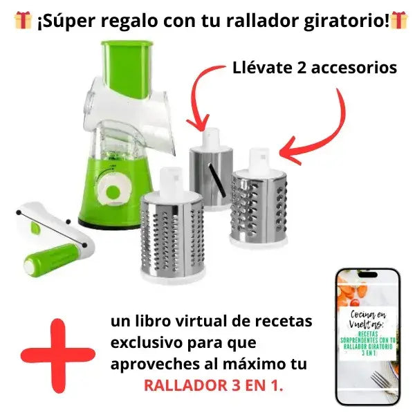 Rallador giratorio 3 en 1 – ahorra tiempo y mantiene cortes uniformes +Regalo: libro virtual de recetas 🎁30% DCTO🚨