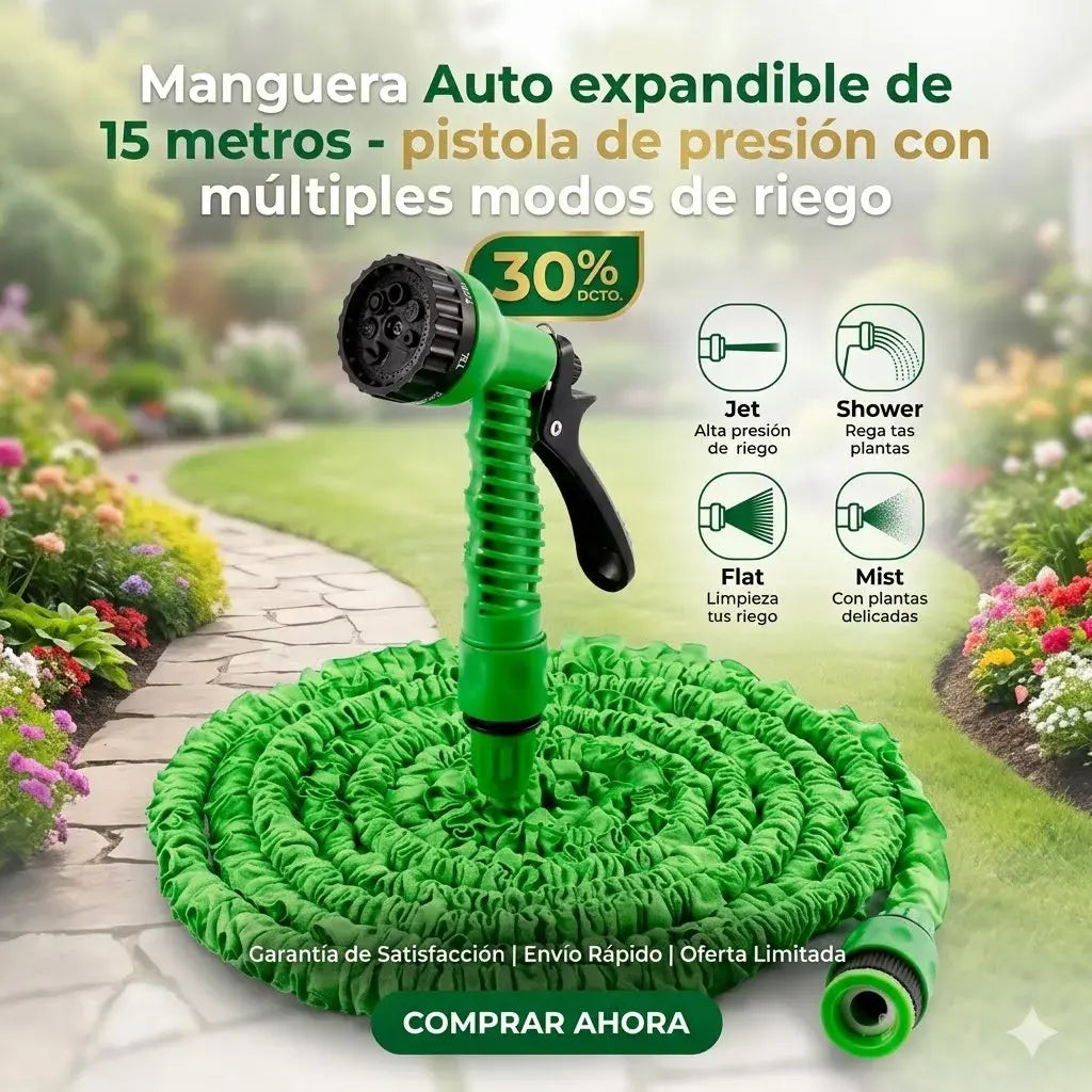 Manguera Auto expandible de 15 metros - pistola de presión con múltiples modos de riego - 30%DCTO