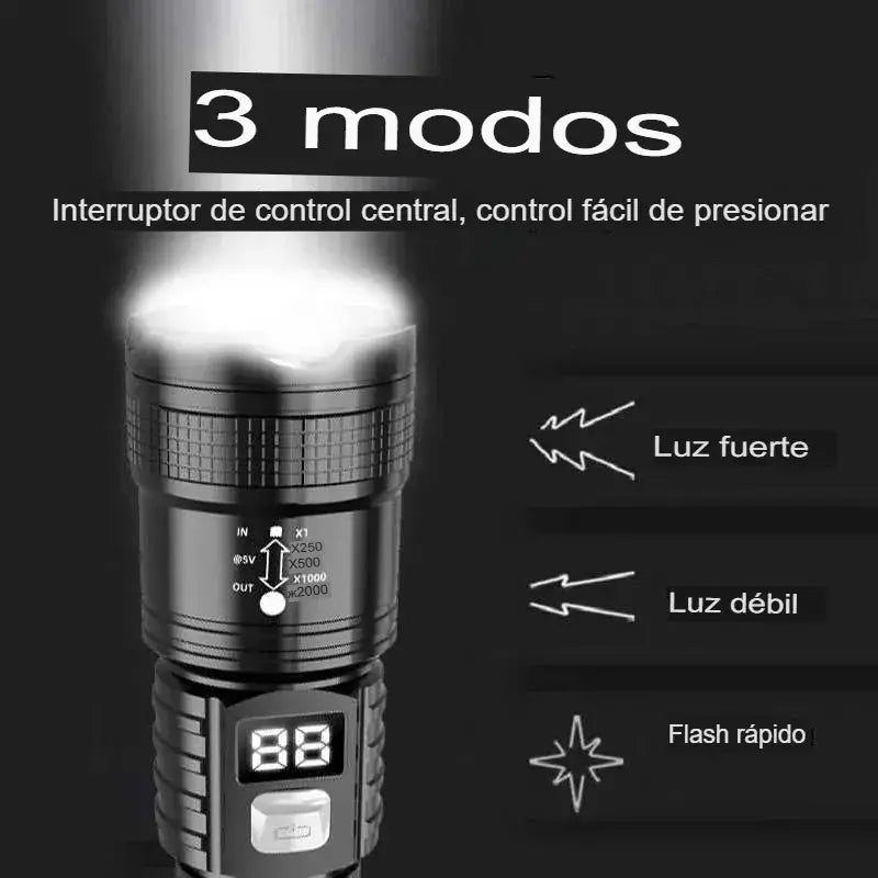 Linterna táctica LED recargable + zoom telescópico + pantalla digital y puerto USB