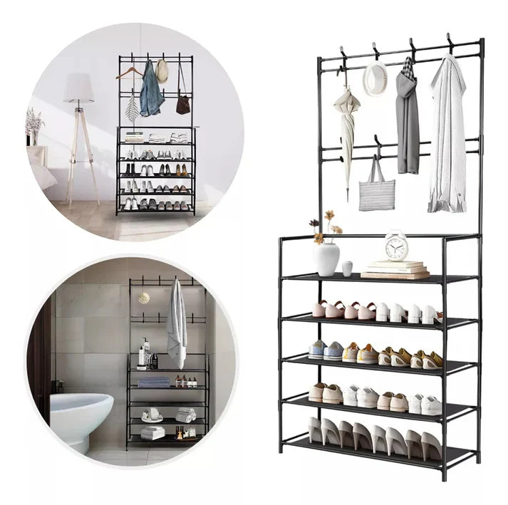 🚨 GRAN OFERTA – ORGANIZADOR MULTIFUNCIONAL: ZAPATERO + PERCHERO + ESTANTE DE 5 NIVELES