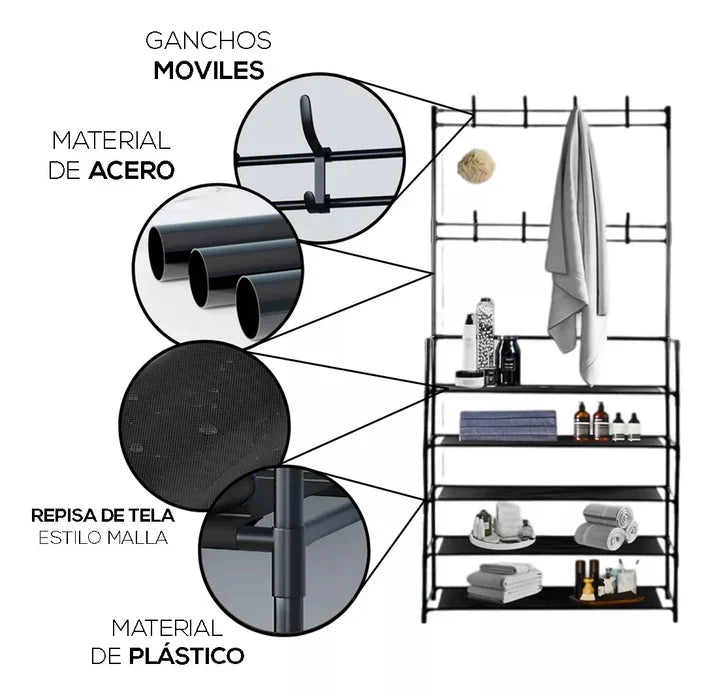 🚨 GRAN OFERTA – ORGANIZADOR MULTIFUNCIONAL: ZAPATERO + PERCHERO + ESTANTE DE 5 NIVELES
